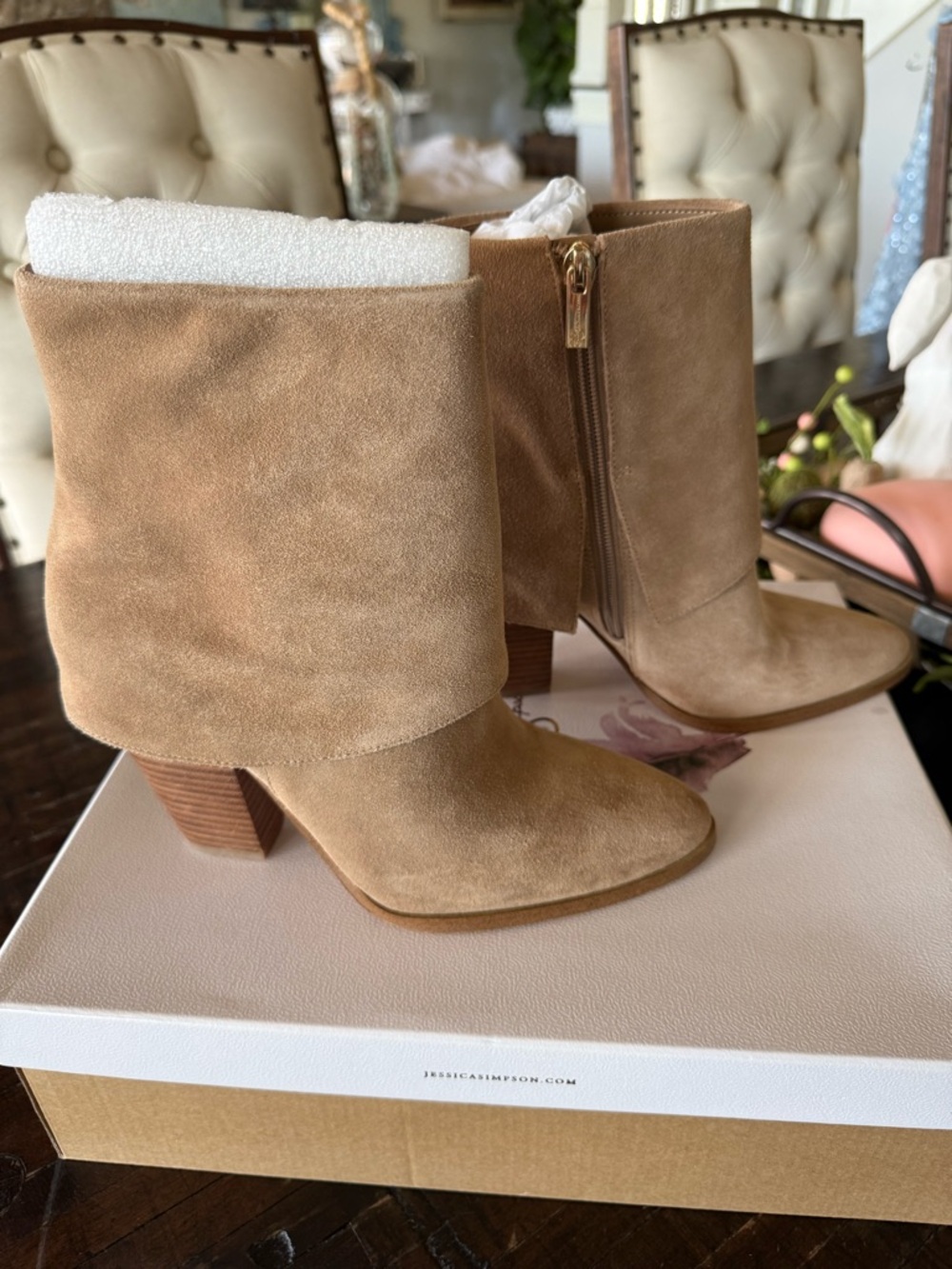 Jessica Simpson Suede Fold-Down Ankle Boots in Tan